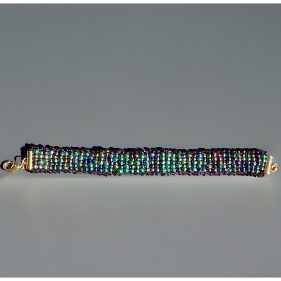 Artist Handmade Seed Bead Bracelet, Multicolor: Blues, Greens, Purples - Picture 6 of 6